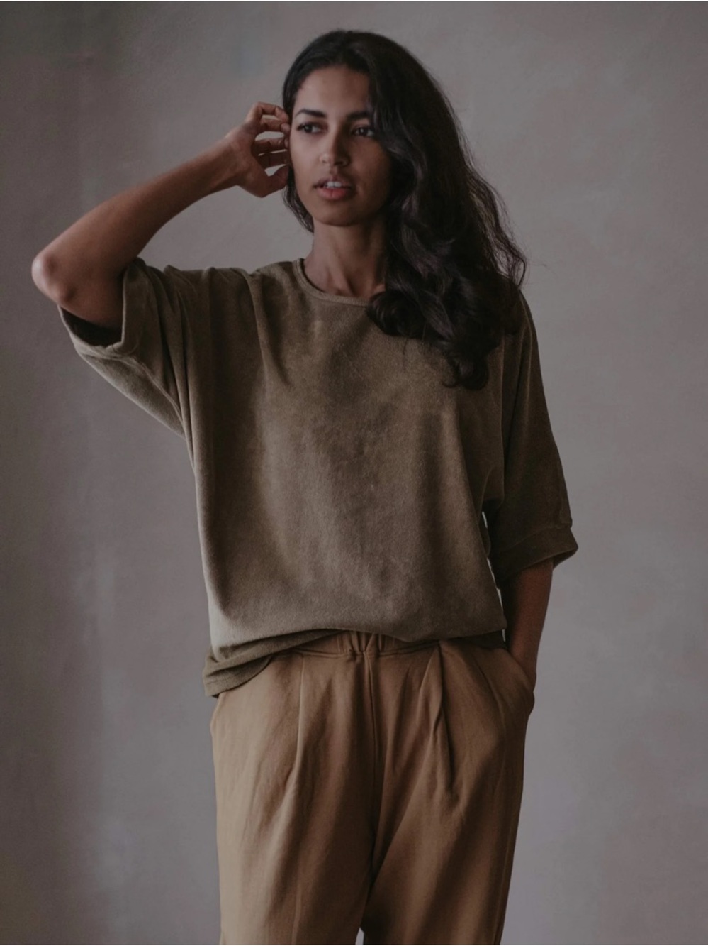 Relaxed Olive Green Women's Crewneck Top